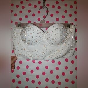 Bridge White Pearl-Embellished Strapless Bustier Top ,Medium EUC